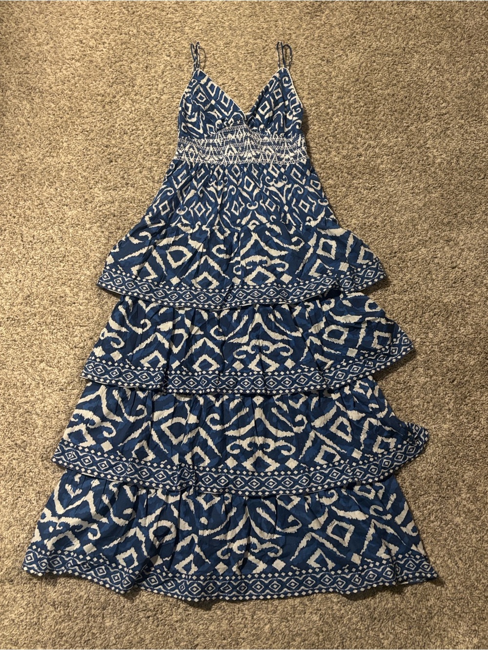 NWT Caroline Constas Blue Printed Tiered Maxi Sundress with V-Neck Medium